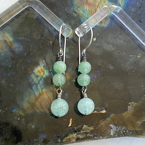 Sterling Silver 925 Round Green Aventurine Beaded Dangle Drop Earrings - Picture 3 of 16